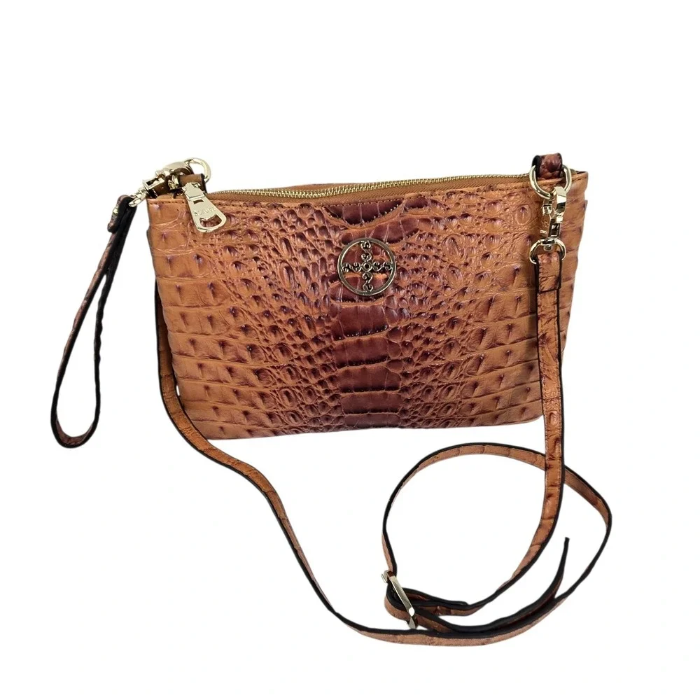 Stauer Sloane Crocodile Embossed Crossbody Bag Cognac Vegan Leather Wristlet